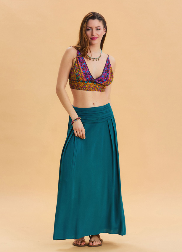 Elastic Waist Drape Detailed Petrol Long Skirt 4491